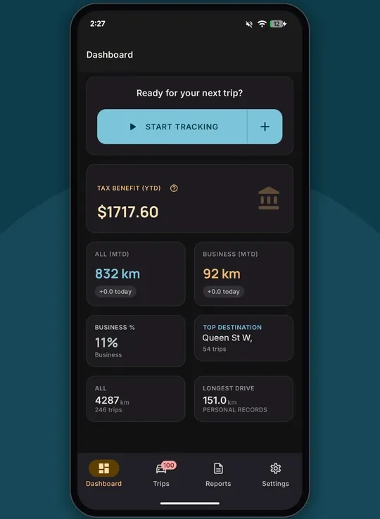MileMate dashboard showing year-to-date tax benefit, kilometres driven and business percentage