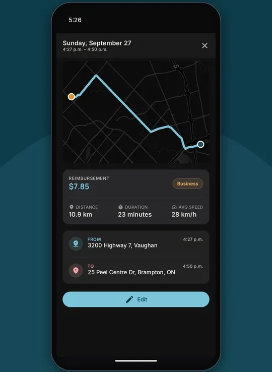 Trip detail with route map, reimbursement amount, distance, duration and addresses