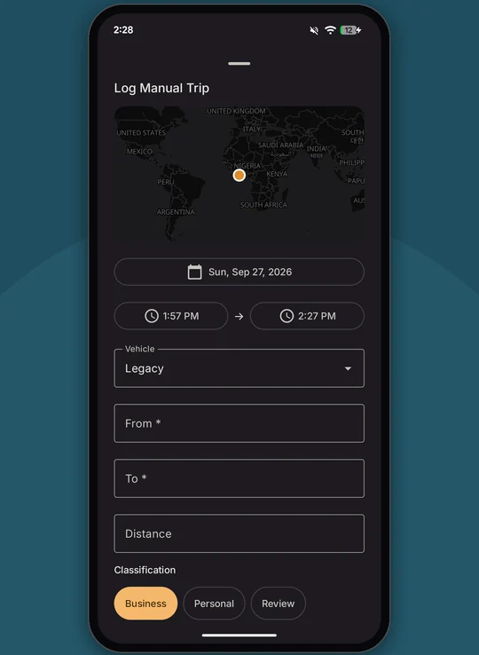 Manual trip entry form with map, date, time, vehicle, from, to, distance and classification