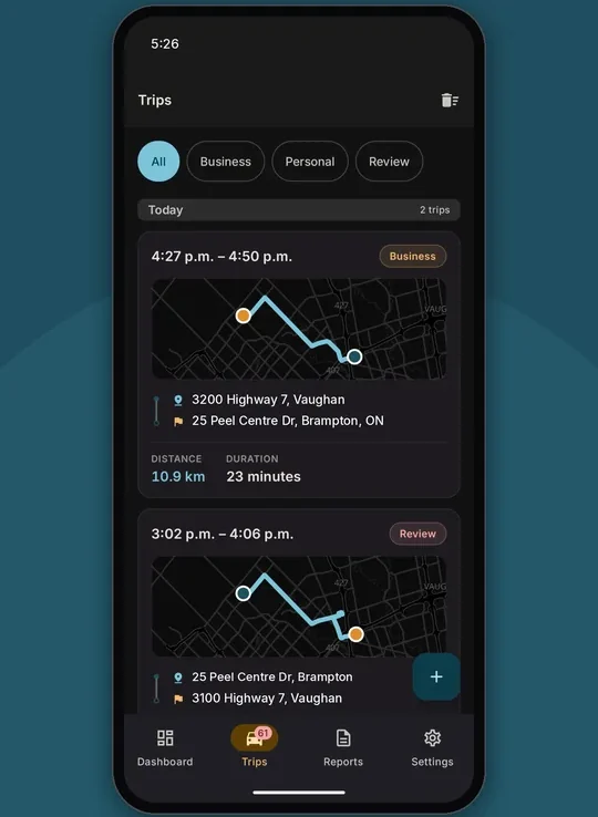MileMate trips list showing route maps, addresses and distance for each drive