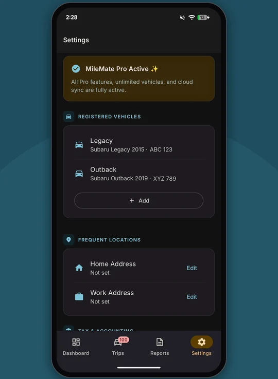 Settings showing two registered vehicles and home and work addresses